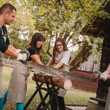 Csapatépítés egy fatörzs fűrészelésével a Dazumal Bad Tatzmannsdorfban